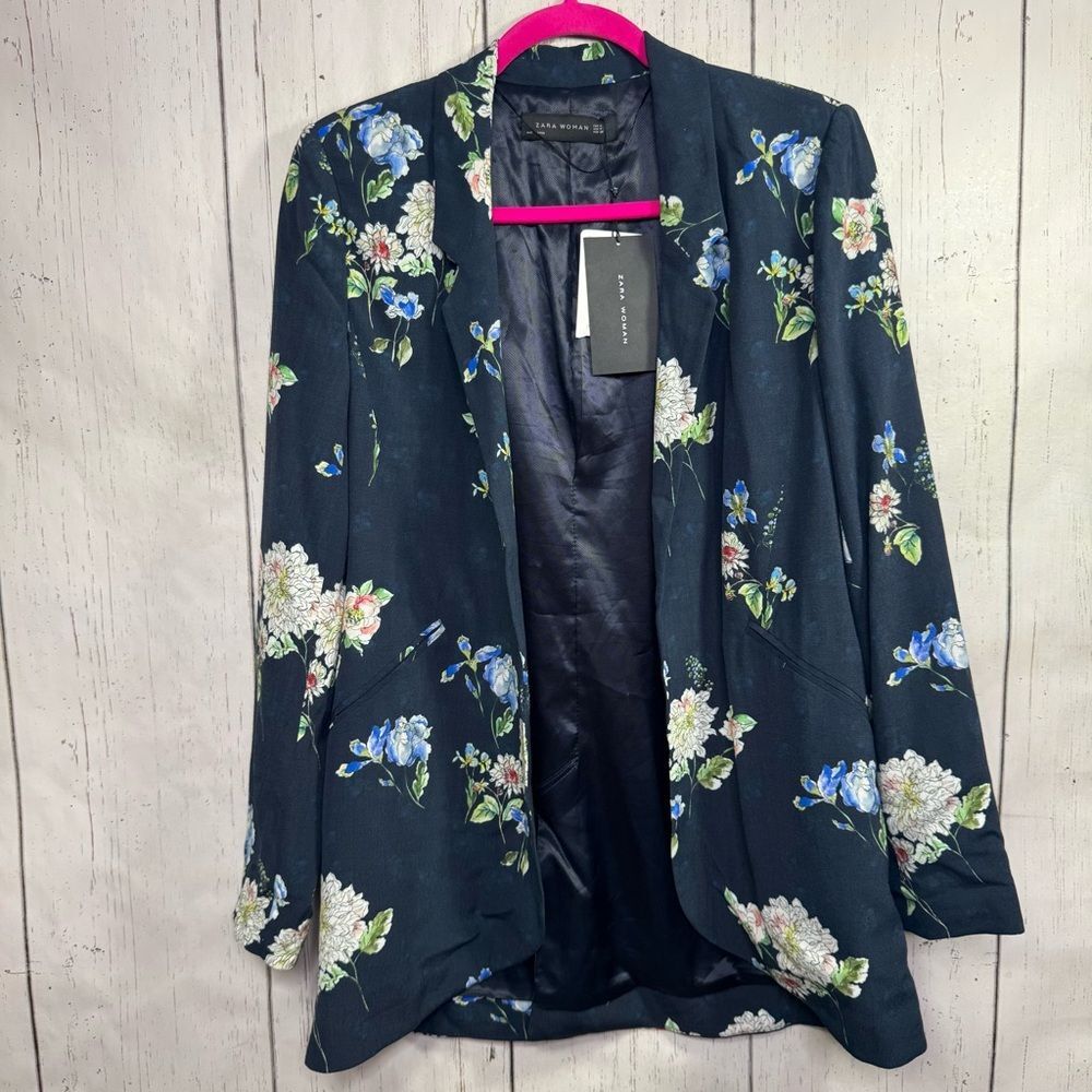 Zara Woman Navy Floral Blazer Jacket Open Front Lightweight NWT Size M Spring